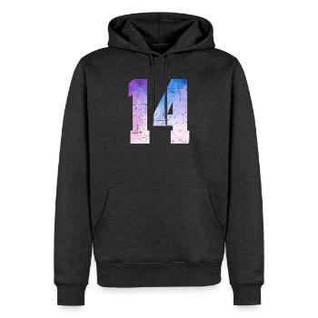 Ausgabe 14 – 14. Jubiläumsgeschenk - Männer Premium Bio Hoodie - Anthrazit meliert - Vorne - Thijin (182cm)