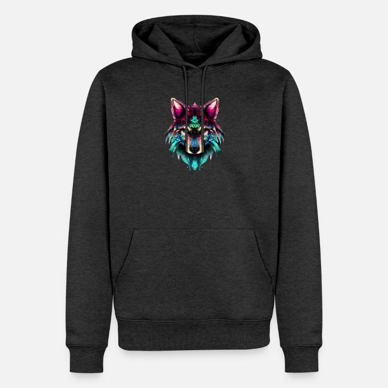 Mystischer Wolf Synthwave Wolfskopf - Männer Premium Bio Hoodie - Anthrazit meliert
