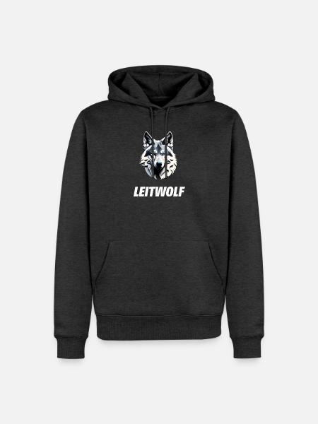 Leitwolf mit blauen Augen und Schriftzug - Männer Premium Bio Hoodie - Anthrazit meliert