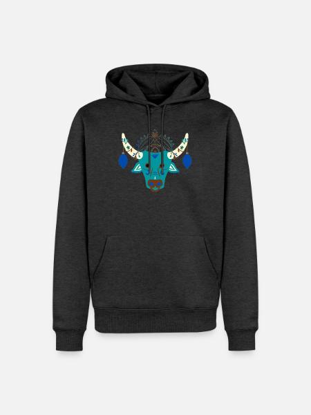 Blauer Stier mit festlichem Kopfschmuck - Männer Premium Bio Hoodie - Anthrazit meliert