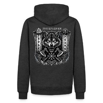 Fenrir Wolf mit Runen und Äxten – Noventra - Männer Premium Bio Hoodie - Anthrazit meliert - Hinten - Thijin (182cm)