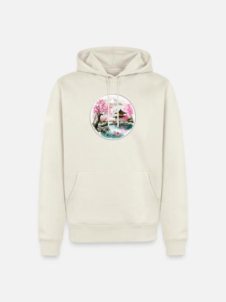 Japanischer Teich im Kirschblüten-Pavillon - Männer Premium Bio Hoodie - Naturweiß