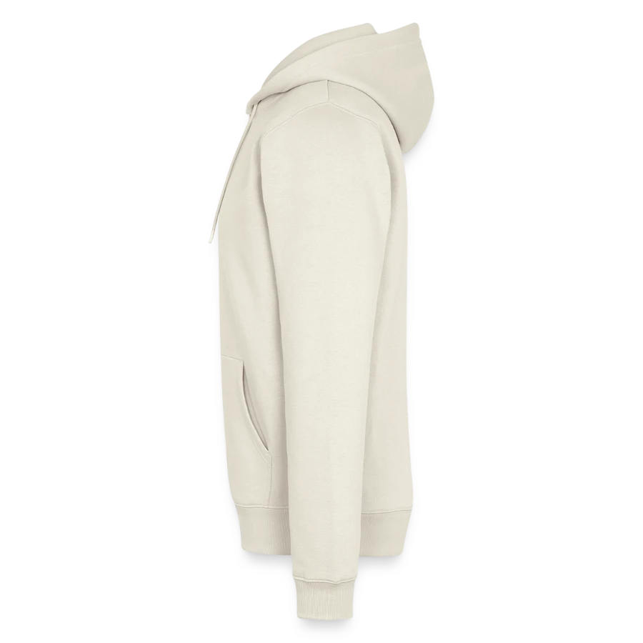 Hollow Peak badge on a men’s premium organic hoodie, off white, left