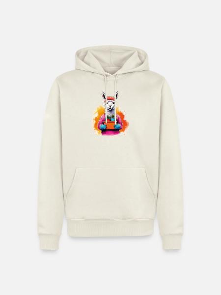 Lama mit Blumen im Topf - Männer Premium Bio Hoodie - Naturweiß