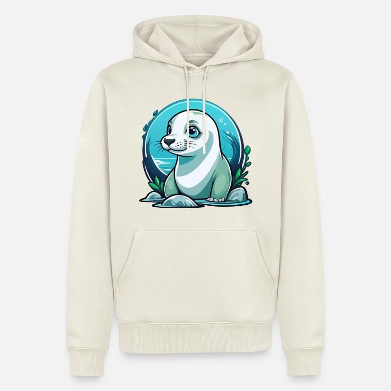 Junge Robbe auf Entdeckertour - Männer Premium Bio Hoodie - Naturweiß