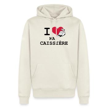 I love ma caissière - Sweat à capuche Premium bio Homme - blanc cassé - Devant - Nico (187cm)