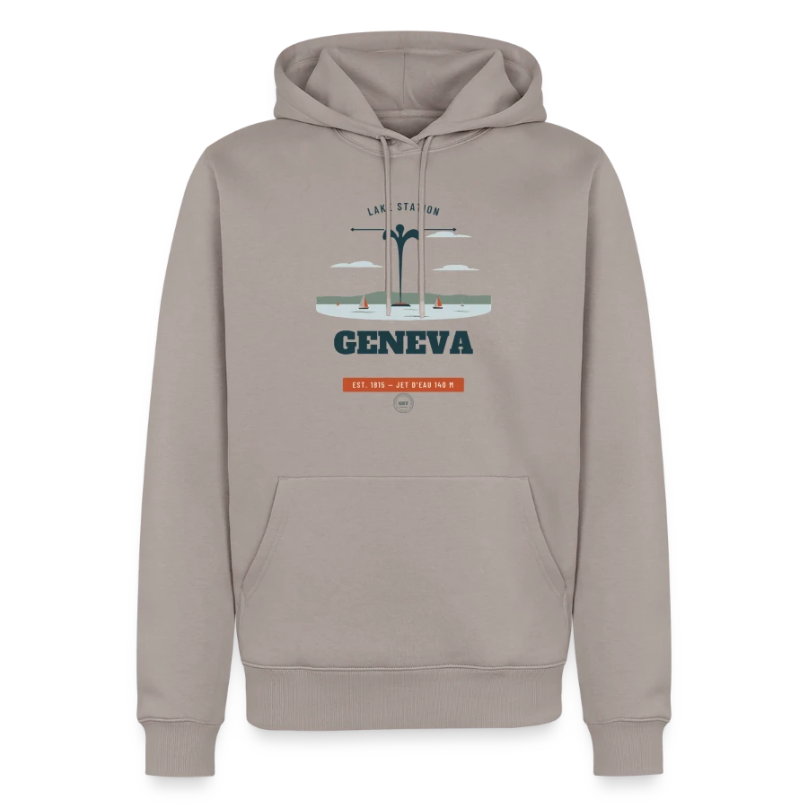 Geneva badge on a men’s premium organic hoodie, taupe