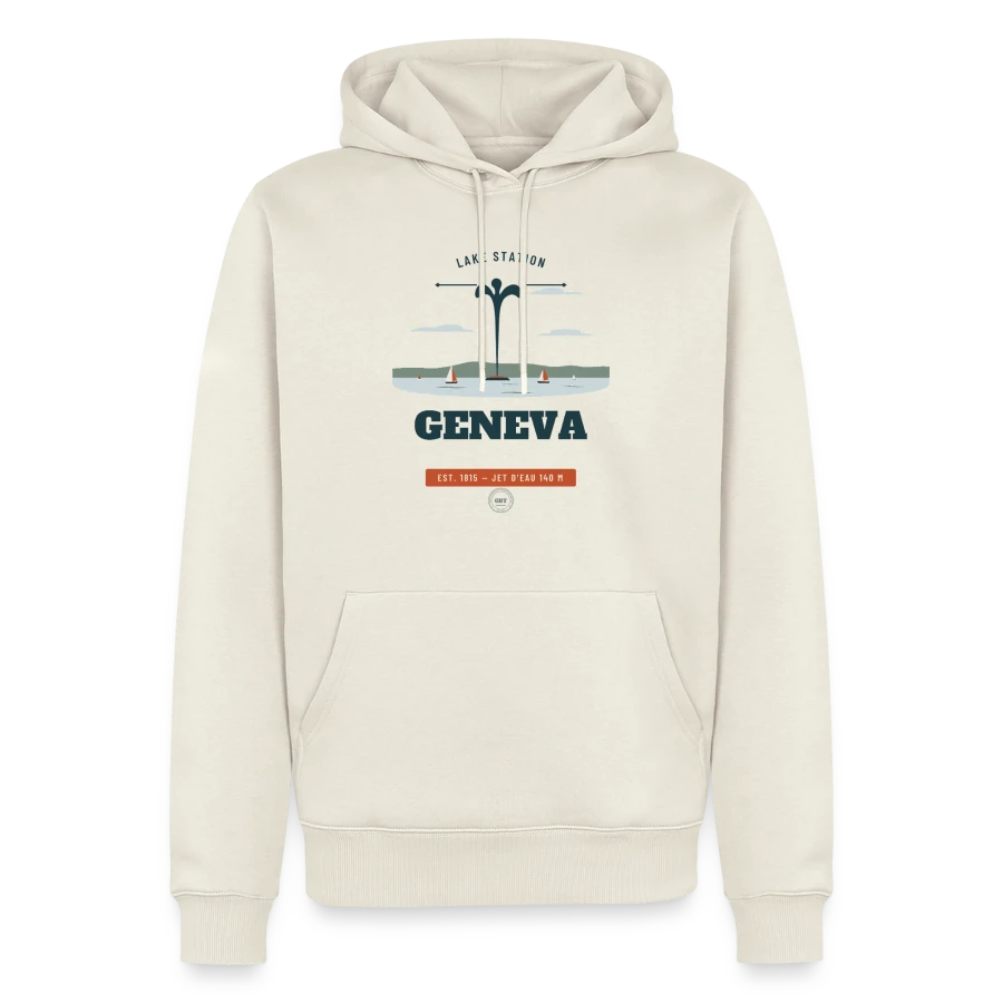 Geneva badge on a men’s premium organic hoodie, off white