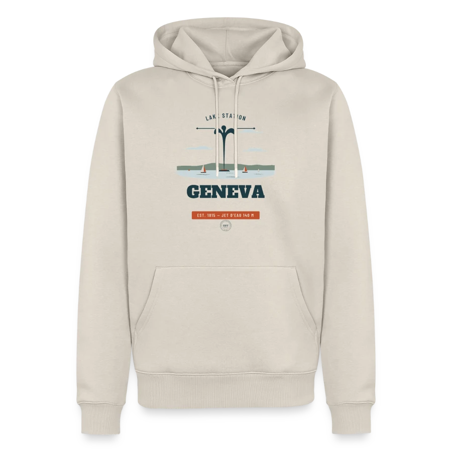 Geneva badge on a men’s premium organic hoodie, beige