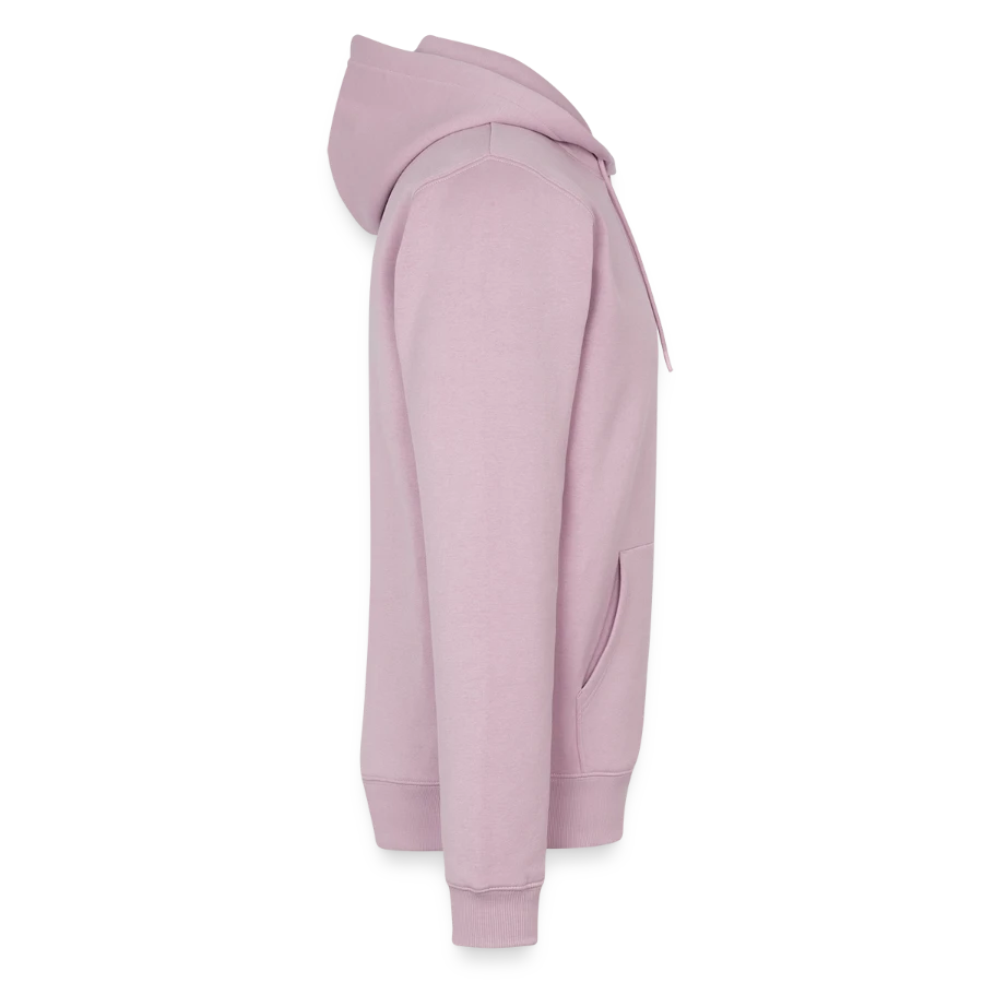 Salt Harbour badge on a men’s premium organic hoodie, dusky pink, right