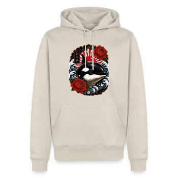 Orca im japanischen Irezumi Tattoo Stil - Männer Premium Bio Hoodie - Beige - Vorne - Thijin (182cm) & Selfina (174cm)