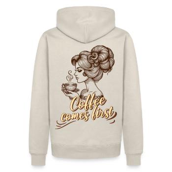 Coffee Comes First – Retro Frau Clipart - Männer Premium Bio Hoodie - Beige - Hinten - Thijin (182cm)