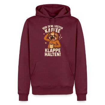 Vor dem ersten Kaffee Klappe halten! - Männer Premium Bio Hoodie - Burgunderrot - Vorne - Nico (187cm)