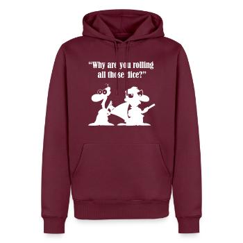"Warum würfelst du all diese Würfel?" - Männer Premium Bio Hoodie - Burgunderrot - Vorne - Nico (187cm)