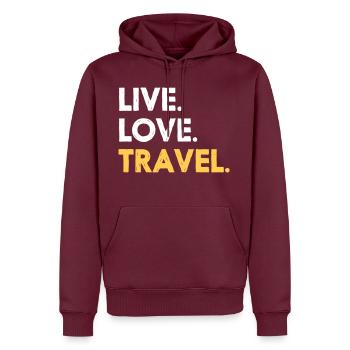 LIVE. LOVE. TRAVEL. - Sweat à capuche Premium bio Homme - bourgogne - Devant - Nico (187cm)