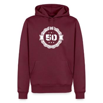 50 number emblem - Men’s Premium Organic Hoodie - burgundy - Front - Nico (187cm)