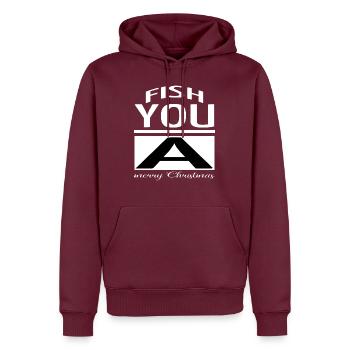 quote buy bite me fishing tshirts under the tree - Männer Premium Bio Hoodie - Burgunderrot - Vorne - Nico (187cm)