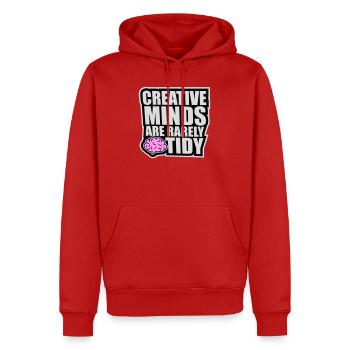 Les esprits créatifs sont rarement bien rangés Logo créatif drôle - Sweat à capuche Premium bio Homme - rouge - Devant - Nico (187cm)