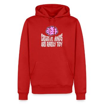 Les esprits créatifs sont rarement bien rangés Logo créatif drôle - Sweat à capuche Premium bio Homme - rouge - Devant - Nico (187cm)
