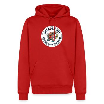 Marathon-Shirt Geladen mit Kohlenhydraten - Männer Premium Bio Hoodie - Rot - Vorne - Nico (187cm)