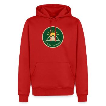 Entdecken Sie das Outdoor-Mountain Sunrise Abzeichen - Männer Premium Bio Hoodie - Rot - Vorne - Nico (187cm)