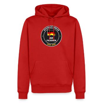 Offizieller Fanclub der Falschen - gegr. 2026 - Männer Premium Bio Hoodie - Rot - Vorne - Nico (187cm)