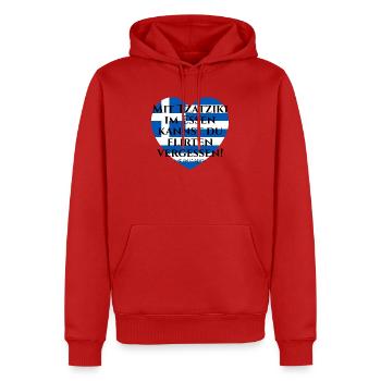 MIT TZATZIKI KANNST DU FLIRTEN VERGESSEN PITAGORAS - Männer Premium Bio Hoodie - Rot - Vorne - Nico (187cm)