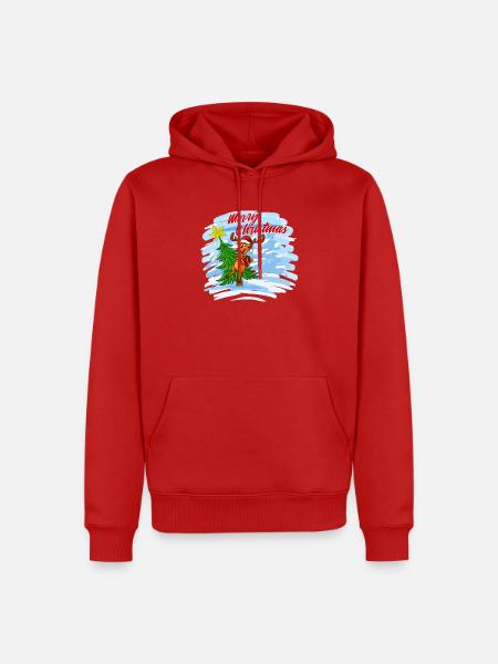 Merry Christmas - Rentier mit Geschenk am Baum - Männer Premium Bio Hoodie - Rot