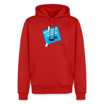 Humoristisches Zitat auf blauem Sofa - Männer Premium Bio Hoodie - Rot - Vorne - Nico (187cm)