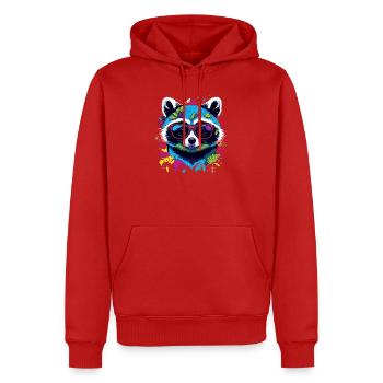 Colorful raccoon with glasses and leaves - Men’s Premium Organic Hoodie - red - Front - Nico (187cm)