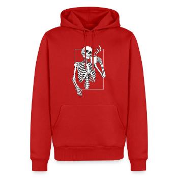 Skelett mit Morgenkaffee - Männer Premium Bio Hoodie - Rot - Vorne - Nico (187cm)
