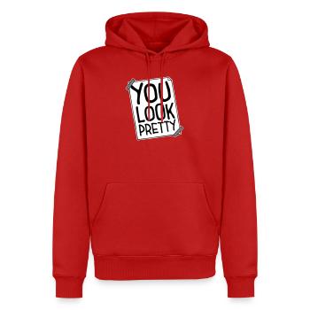 Tu as l’air assez drôle, complément Logo de l’amour de soi - Sweat à capuche Premium bio Homme - rouge - Devant - Nico (187cm)