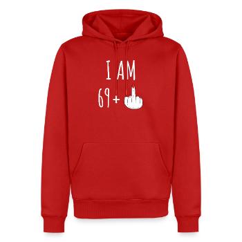 69 Plus 70 Geburtstag Frau Frecher Spruch - Männer Premium Bio Hoodie - Rot - Vorne - Nico (187cm)