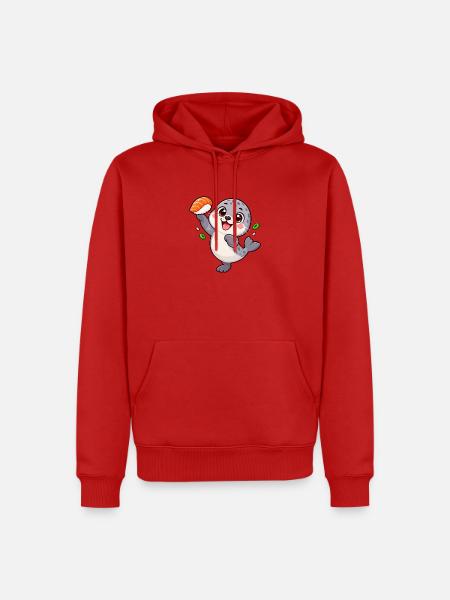 Robbenbaby balanciert einen Lachs Nigiri - Männer Premium Bio Hoodie - Rot