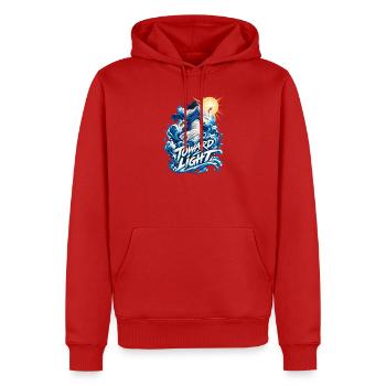 Toward Light – Wellenmotive und Heilandsfigur - Männer Premium Bio Hoodie - Rot - Vorne - Nico (187cm)