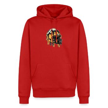 Tropfender Fußballhelm – Schwarz-Gold-Spieler - Männer Premium Bio Hoodie - Rot - Vorne - Nico (187cm)