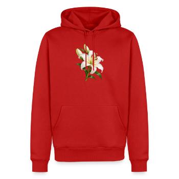 Weiße Lilienblüte mit Tau - Männer Premium Bio Hoodie - Rot - Vorne - Nico (187cm)