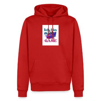 Ich bin im GAME – bunter Spruch - Männer Premium Bio Hoodie - Rot - Vorne - Nico (187cm)