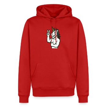 Illustration du signe de paix de la licorne - Sweat à capuche Premium bio Homme - rouge - Devant - Nico (187cm)