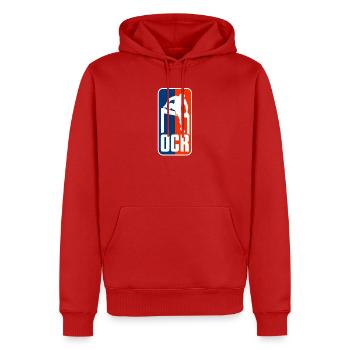 D5174F71-138D-415B-A064-3E5FBFE1FA07 - Männer Premium Bio Hoodie - Rot - Vorne - Nico (187cm)