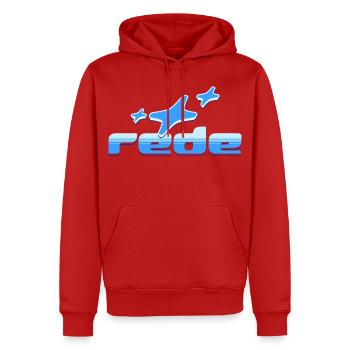 Frieden im Himmel: Flugzeug-Design - Männer Premium Bio Hoodie - Rot - Vorne - Nico (187cm)