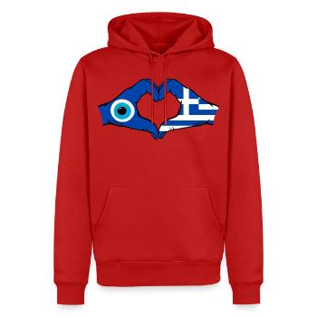 Greece Nazar Flag Hands Heart Shape - Men’s Premium Organic Hoodie - red - Front - Nico (187cm)