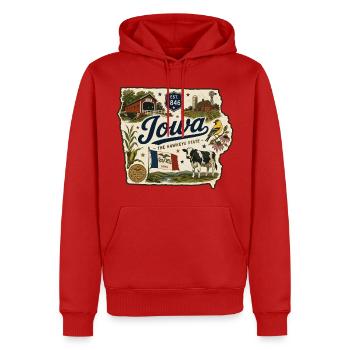 Iowa Hawkeye State Vintage Farm Sticker - Men’s Premium Organic Hoodie - red - Front - Nico (187cm)