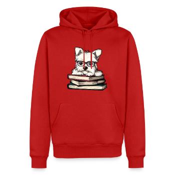 Cute Westie Dog Reading Book with Glasses - Men’s Premium Organic Hoodie - red - Front - Nico (187cm)