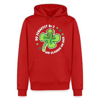 Du schaffst das! Wir glauben an dich! - Glück Mut - Männer Premium Bio Hoodie - Rot - Vorne - Nico (187cm)