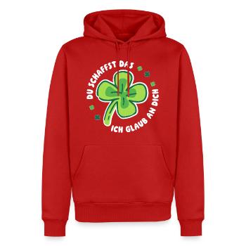 Du schaffst das! – Ich glaub an dich! -  Mutmacher - Männer Premium Bio Hoodie - Rot - Vorne - Nico (187cm)