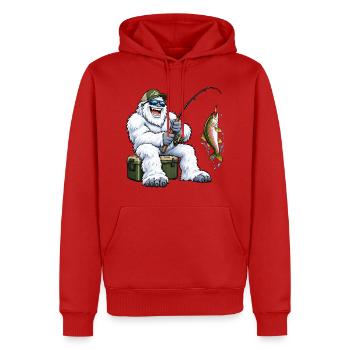 Fröhlicher Yeti beim Angeln – Lustiges Outdoor Mot - Männer Premium Bio Hoodie - Rot - Vorne - Nico (187cm)