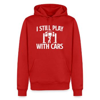 Je joue toujours avec les voitures - Citation d’un mécanicien amateur de voitures - Sweat à capuche Premium bio Homme - rouge - Devant - Nico (187cm)