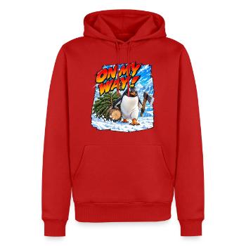 Bin unterwegs! Gentoo-Pinguin - Männer Premium Bio Hoodie - Rot - Vorne - Nico (187cm)