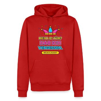 Karneval: MEIN KOSTÜM? HAB ICH VERGESSEN. - Männer Premium Bio Hoodie - Rot - Vorne - Nico (187cm)